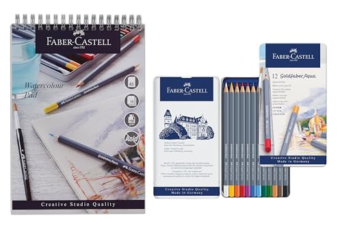 Faber-Castell Goldfaber - Lápices de acuarela, paquete de 12, y bloc para acuarelas, A5, encuadernado en espiral, 190 g/m², 15 hojas