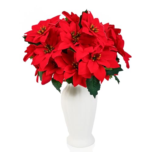Dimetey 4Pcs Christmas Artificial Poinsettia Flowers Red 7 Heads Silk Poinsettia Christmas Floral Bouquet Winter Artificial Bushes for Xmas Party Holiday Arrangements Decoration