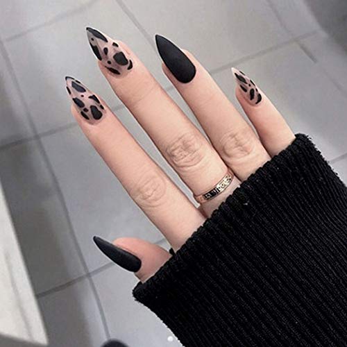 Aiyuan Leopart Print Press on Nails Long Stiletto Nails Tips Black Acrylic Fake Nails Full Cover Artificial Matte False Nails with Designs Claw Nails Stick on Nails for Women and Teens Girls Gifts
