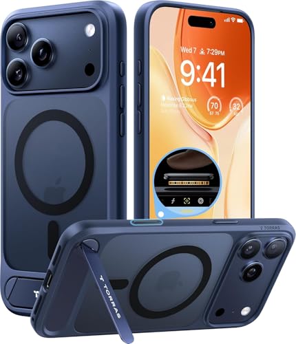 TORRAS for iPhone 17 Pro Case with Strong Magnetic & Stand Fit for MagSafe Mil-Grade Protection Built-in Kickstand Camera Control Translucent Shockproof Slim 17 Pro Cover Ostand Deep Blue