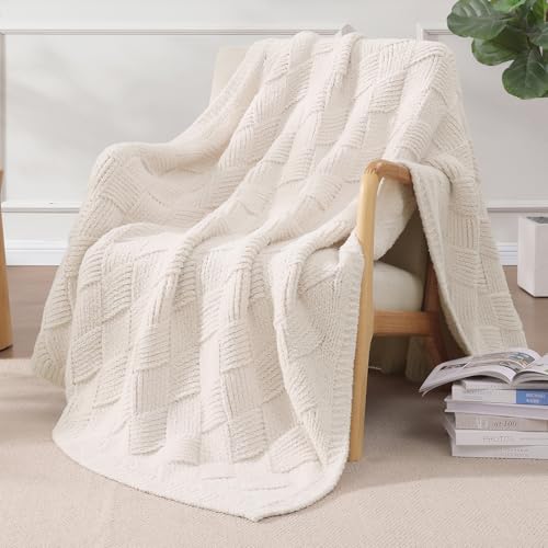 WRENSONGE Cream White Throw Blanket for Couch, Soft Fluffy Cozy Warm Knitted Throw Blanket for Bed, Weaving Patterns Throw Blanket for Living Room, Sofa, Chair, Camping, Travel Bed Blanket -
