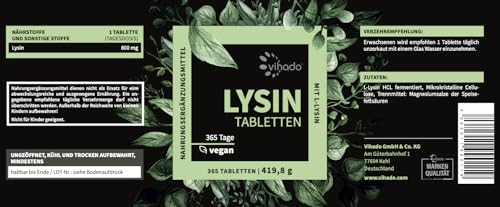 Vihado Lysin Tabletten, Jahresvorrat, 800 mg L-Lysin pro Tablette, fermentiertes L Lysin HCL, 365 vegane Tabletten