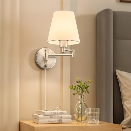 Image of VONLUCE Wall Sconce Set of 2, Plug in & Swing Arm Wall Lamps, Nickel Finish | Modern Wall Lights with White Fabric Shades, Plug in & Hardwired Wall Mounted Light for Bedside, Living Room, Hallway