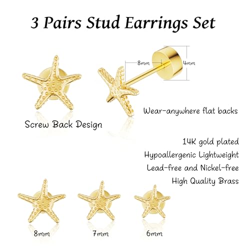 3 Pairs Small Flat Back Stud Earrings for Women-14K Gold Plated Hypoallergenic Dainty Screw Back Flatback Earring Set Post Pierced Studs Stacks Gold Jewelry Gifts3