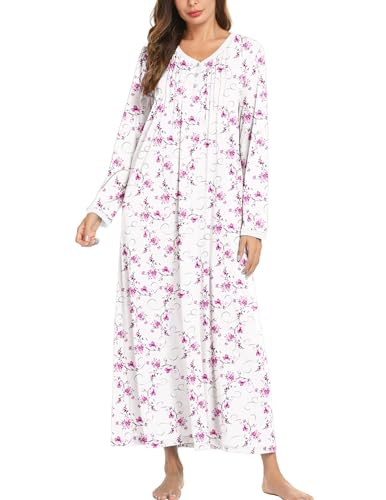 Ekouaer Cotton Nightgowns for Women Long Sleeve Nightgown Full Length Night Gown Soft Comfy Nightdress Button Sleep Shirts Pink Floral White X-Large