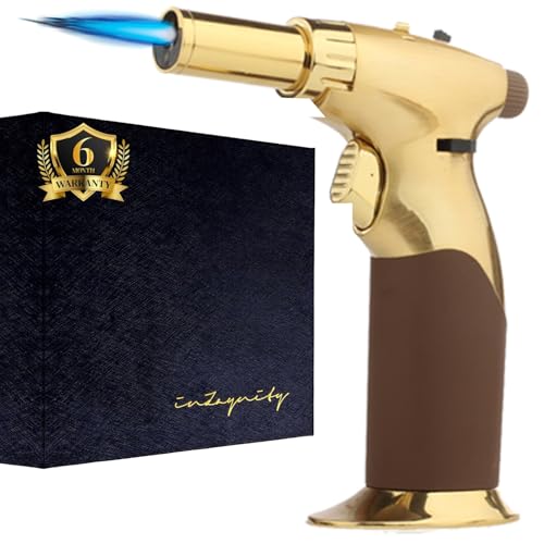 Dual Flame Butane Torch Gun - Refillable Luxury Hand Held Mini Blow Torch for Cooking, Creme Brulee, Soldering, Welding, & Resin Art - Adjustable Flame with Ignition Lock - Gold Brown by inZaynity