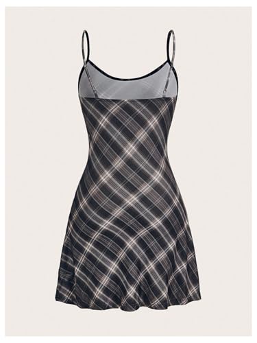 WDIRARA Women's Plaid Spaghetti Strap Cami Dress Sleeveless Flared Hem Mini Dress2