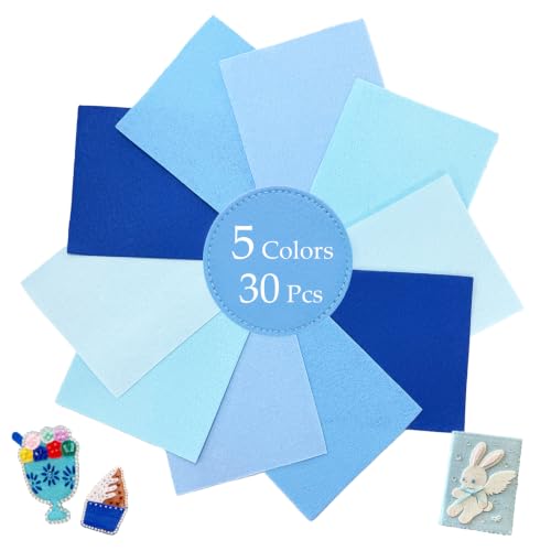 Image of 30Pcs Stiff Felt Sheets, 1mm Thick Felt Fabric Squares for Sewing & DIY | 5 Shades Of Blue Assorted Colors Craft Felt, Hard Felt, Thick Felt & Felt Paper for Patchwork, Home Decor & Handmade Projects