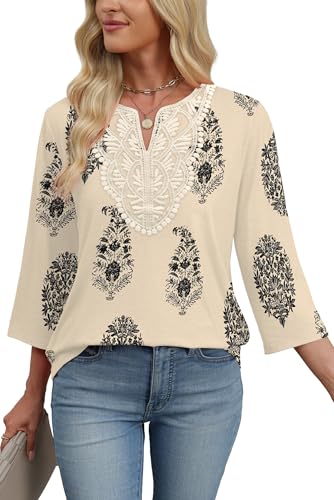 Image of WIHOLL 3 /4 Length Sleeve Womens Tops Boho V Neck Lace Shirt Trendy Blouses Dressy Casual Vacation Clothes S-3XL