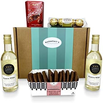 White Wine & Chocolate Hamper - Two Small White Wines, Lindt Lindor Chocolates, Ferrero Rocher & Premium Chocolate Chip Biscuits - Hamper Exclusive To Burmont's