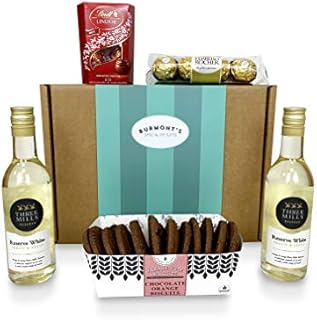 White Wine & Chocolate Hamper - Two Small White Wines, Lindt Lindor Chocolates, Ferrero Rocher & Premium Chocolate Chip Biscuits - Hamper Exclusive To Burmont's