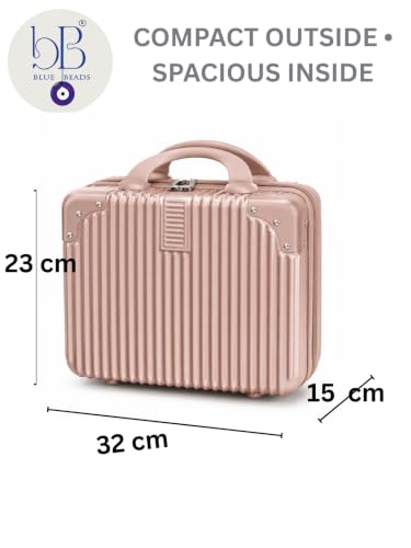 Image of BLUE BEADS Travel Makeup Case with Lock & Luggage Strap, ABS Hard Shell Cosmetic Vanity Case, Portable Makeup Organizer for Women, Beauty Storage Box for Makeup & Toiletries (Rosegold, Model 3)