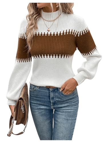 SweatyRocks Women's Lantern Sleeves Knitted Sweater Mock Neck Color Block Patchwork Casual Pullovers
