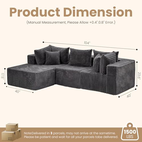 PATAVOT 104 Inch Cloud Couch Sectional,Corduroy Boneless Couches for Living Room,L-Shaped Modular Sectional Sofa with Removable Ottoman and Deep Seat,No Assembly Required,Grey — view 2