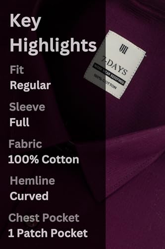 Image of 7-DAYS Men's Premium Formal Shirt - 100% Pure Cotton, Regular Fit, Plain, Full Sleeves, with Pocket - Perfect for Office Wear & Under Suits