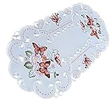 Farbige Mitteldecke in mit gestickten Motiven verarbeitet zu einem pflegeleichten Aufleger in matter Optik und feiner Qualität. Die Zierdecke ist mit Frühlings- bzw. Sommermotiven bestickt welche in einer dezenten Seidenstickerei gefertigt wurden.