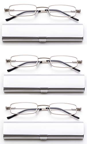 Newbee Fashion-Portable Compact Reading Glasses in Aluminum Case Metal Rectangle Shaped Reading Glasses with Spring Hinge in Case Lightweight Reader Slim Design Comfort fit in Silver 3 Pack+1.50