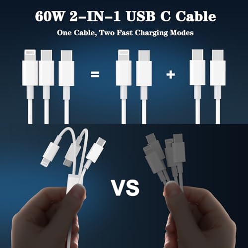Image of 2 in 1 USB C to USB C /Lightning Cable for iPhone 17 16 15 14 13 12 11, 6FT | 2 Pack 60W Type C Multiple Charging with Lightning /Type C Port iPhone Charger Cord Fast Charging for iPhone 14 13 12 11 XS XR