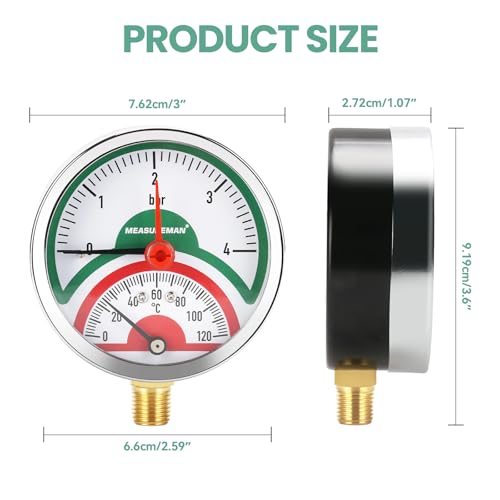 Thermo-Manometer, 3 Zifferblatt, 0-4Bar/120°C, schwarzes Stahlgehäuse, G1/2 Unteranschluss
