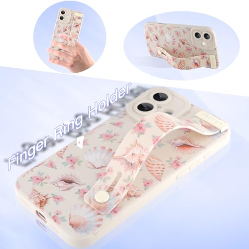 Coque silicone iPhone 16 blanche avec sangle et motif conque fleurie