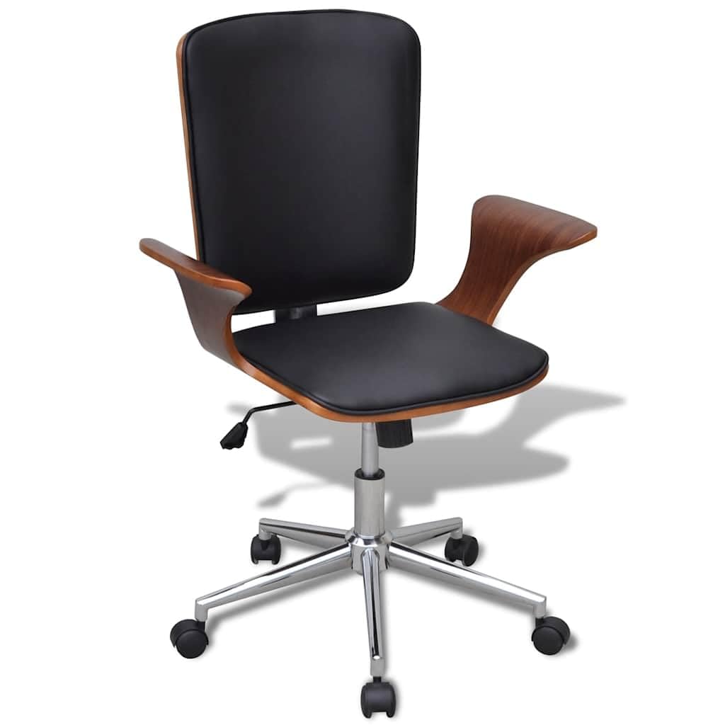 Krzesło biurowe obrotowe z ramą z drewna łukowego i tapicerką ze sztucznej skóry, ergonomiczne oparcie z regulacją wysokości, 5 kółek, podłokietniki do biura, biura domowego, miejsca pracy i