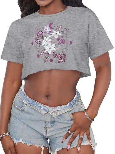 Image of Crop Tops for Women Oversized Short Sleeve T Shirts Crew Neck Cropped Tees