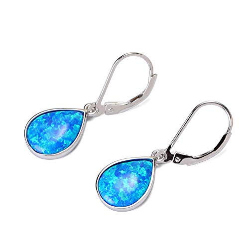 Sterling Silver Blue Teardrop Created Opal Element Drop Dangle Earrings For Mom Women #TOP6