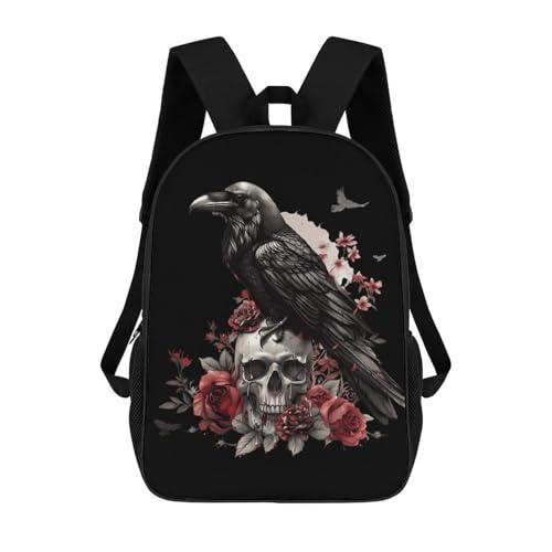 Black Raven Goth Skull Roses Printed Backpack 17 Inch Travel Dayback Shoulder Back Pack Laptop Bag for Men Women