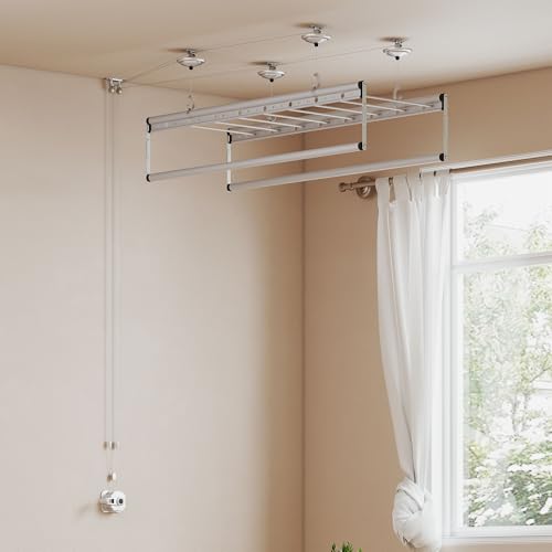 lesolar Séchoir à linge de plafond, 2 rangées et 8 barres horizontales en aluminium, 1,2 m, avec manivelle de levage, convient pour balcon, buanderie et autres scènes.