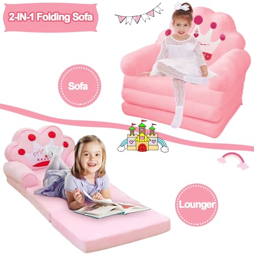 كرسي للقراءة ومشاهدة التلفاز والاسترخاء، بتصميم 2 في 1 قابل للطي مع غطاء قابل للإزالة ومساند ذراع عريضة، مصنوع من المخمل الناعم، باللون الوردي