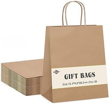 Switory 50pc Paper Bag with handles. White Kraft Gift Bags for Presents to Party Favor, Birthday,Christian,Thanksgiving,Christmas, Wedding13.3x9.5x20.3cm