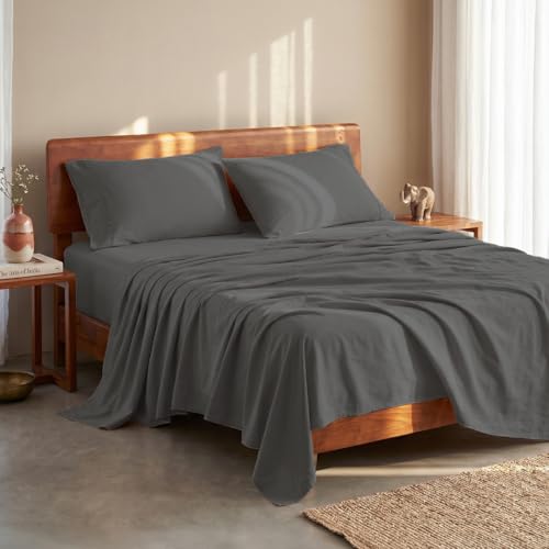 Image of LANE LINEN 100% Organic Cotton Bedsheet for Double Bed King Size - Charcoal | GOTS Certified, Percale Weave, 108x108 inches, Soft & Breathable, Machine Washable, Includes 2 Pillow Covers