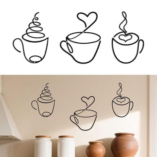 SoeUyd 3 Piezas Decoración Pared Tazas de Café de Hierro, Letrero de Pared de Metal con Temática de Café, Adornos Pared Metalicos Cafe Tazas, para la Pared de Fondo del Salón y la Cocina
