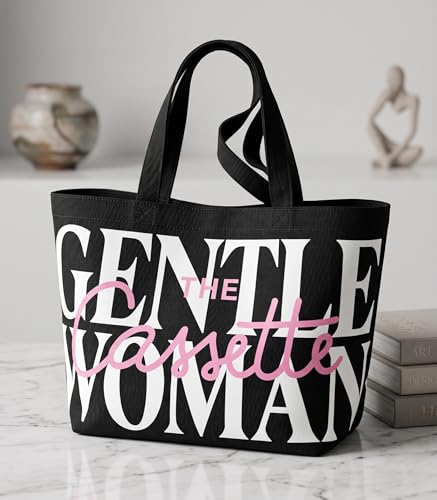 Image of TrendoPrint Cassette Canvas Tote Bag, Black with Printed Design, Zipper Closure, 43 x 38 cm, Large Shoulder Hand Bag for Shopping, College, Travel
