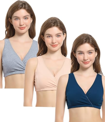 3 Pack Cotton Maternity Nursing Bras Breastfeeding Sleep Bra Pregnancy Bralette, A-Nude+Grey+atrovirens/3pcs, Medium