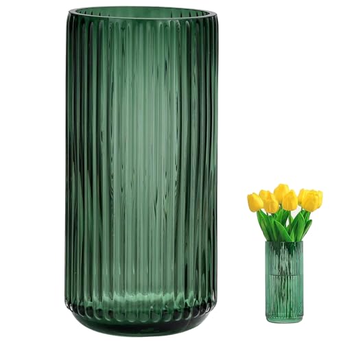 TEUYOE Jarrón de cristal acanalado de 20 cm, moderno jarrón estriado, para orquídeas, rosas, tulipanes, salón, comedor, mesa de café, cocina, oficina (verde)