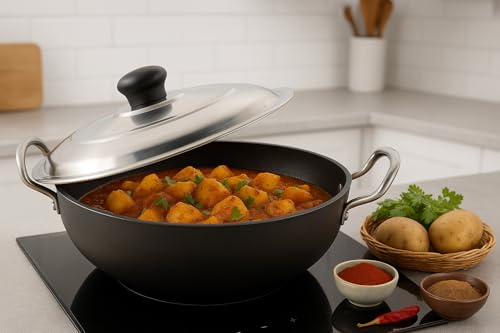 Image of Hard Anodized Deep Kadhai with Stainless Steel Lid Cookware for Kitchen Deep Cooking Surface for Frying Curry Saute and Gravy Preparation Applications Use - 11 inch