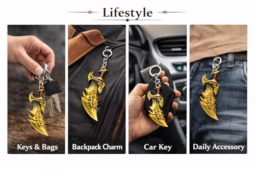 Image of BLUE WARRIOR God of war keychain (gold)- Fantasy Winged Dagger Keychain - Antique Gold Mini Sword Key Ring with Red Handle - Metal Collectible Key Holder for Men, Women, Gamers & Gift Giving