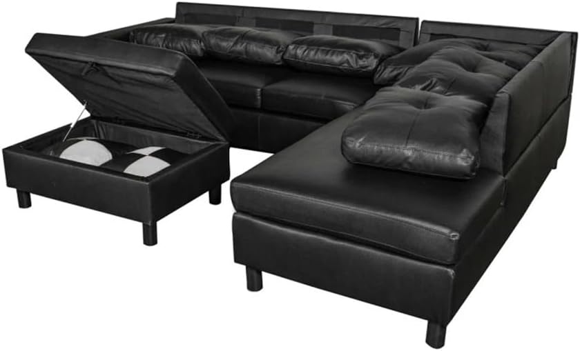 3 PC Sectional Sofa Set, (Black) Faux Leather Left-Facing Sofa with Storage Ottoman