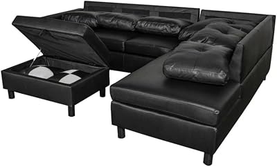 3 PC Sectional Sofa Set, (Black) Faux Leather Left-Facing Sofa with Storage Ottoman