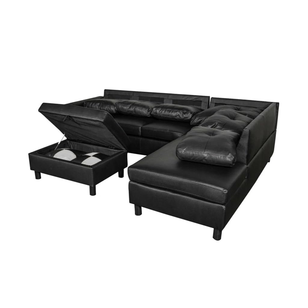 3 PC Sectional Sofa Set Black Faux Leather Left-Facing Sofa with Storage Ottoman