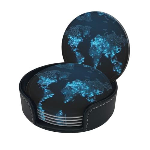 Image of World Map Print Chic Round Leather Coasters – Set Of 6 Full-Print Coasters In A Premium Pu Leather Storage Box