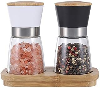 Stylhak Bamboo Salt and Pepper Mill Set - Adjustable Ceramic Grinder, Glass with Sealing Lids and Storage Base.