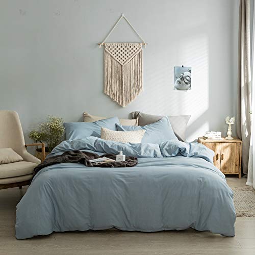 Washed Cotton Chambray Duvet Cover,100% Washed Cotton Solid Color Casual Modern Style Light Blue Bedding Set for Men and Women Adult,with Zipper Closure,Luxury Relaxed Soft Feel Natural(3pcs,King)