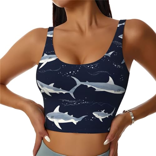 KIOWEIR Wave Gray Sharks Sports Bras for Women Funny Yoga