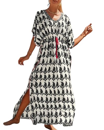 Bsubseach Kaftan Dresses for Women Plus Size Swimsuit Cover Up Long Caftan Dress with Waist Drawstring Black White