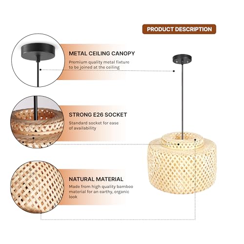 Image of Habere India-All the Cultures Fabricating India Bamboo Pendant Lamp | Boho Lampshade | Cane Lamp Shade | Bamboo Hanging Lamps (Diameter 30 CM, Height 30 CM)
