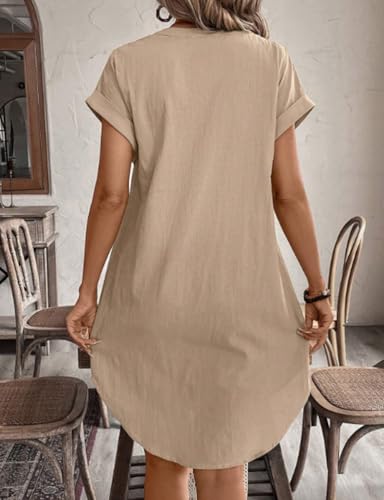 IDEALSANXUN Womens Linen Dress Spring Summer Casual Lightweight Cap Sleeve V Neck Midi Button Down Shirt Dresses3