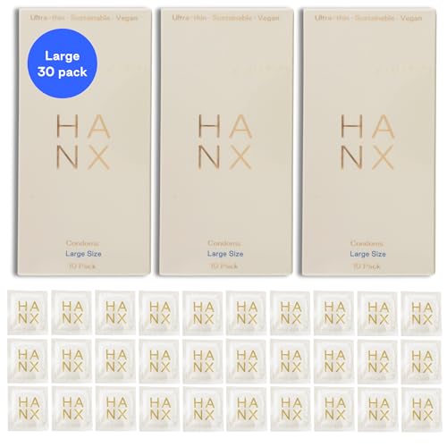 HANX Condoms | Ultra-Thin, Natural Latex with Silicone Lubricant | Paraben & Spermicide-Free | Dermatologically Approved | Strong & Reliable | Safe, Comfortable Protection | Large (Pack of 30)