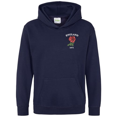 Image of Purple Print House Embroidered England 1871 Kids Hoodie Boys Girls Six Rugby English Supporters Rose Nations Hoody, 12-13 Years, Navy